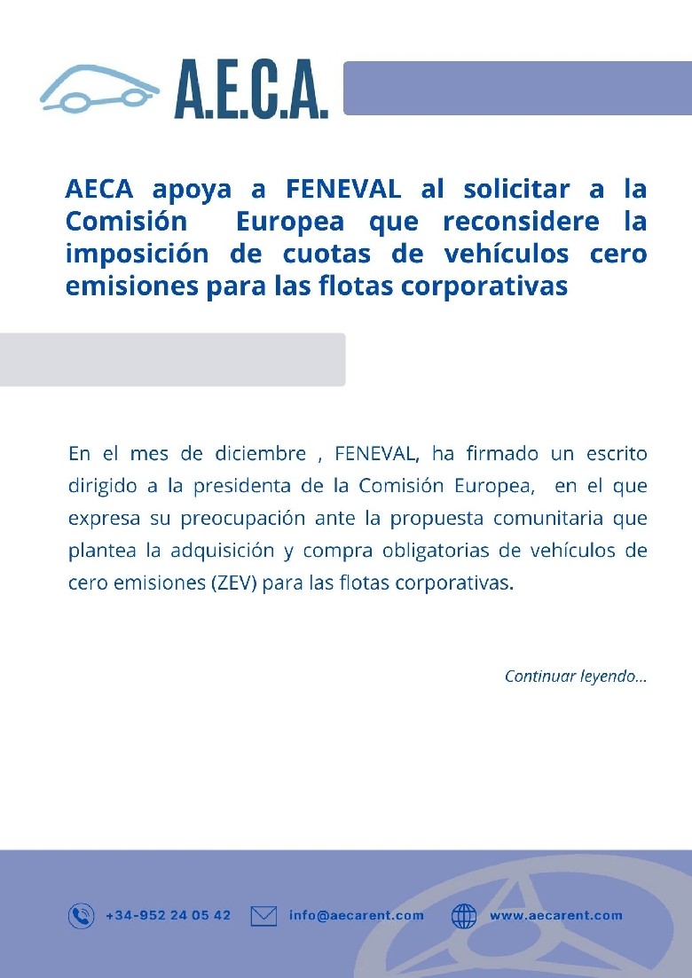 AECA apoya a FENEVAL ante la petici�n a la Comisi�n Europea que reconsidere la imposici�n de cuotas de veh�culos cero emisiones para las flotas corporativas 